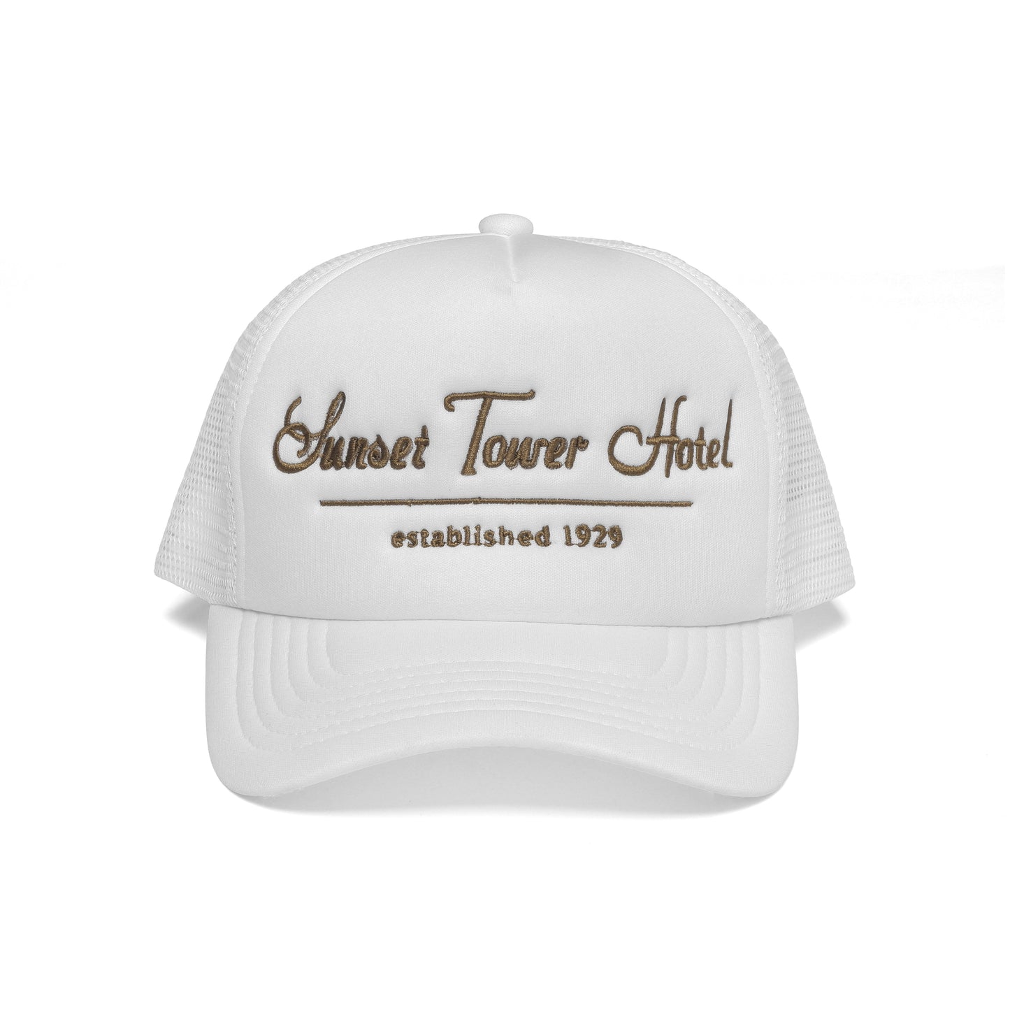 Sunset Tower Hotel Trucker Hat White/ Gold Stitch