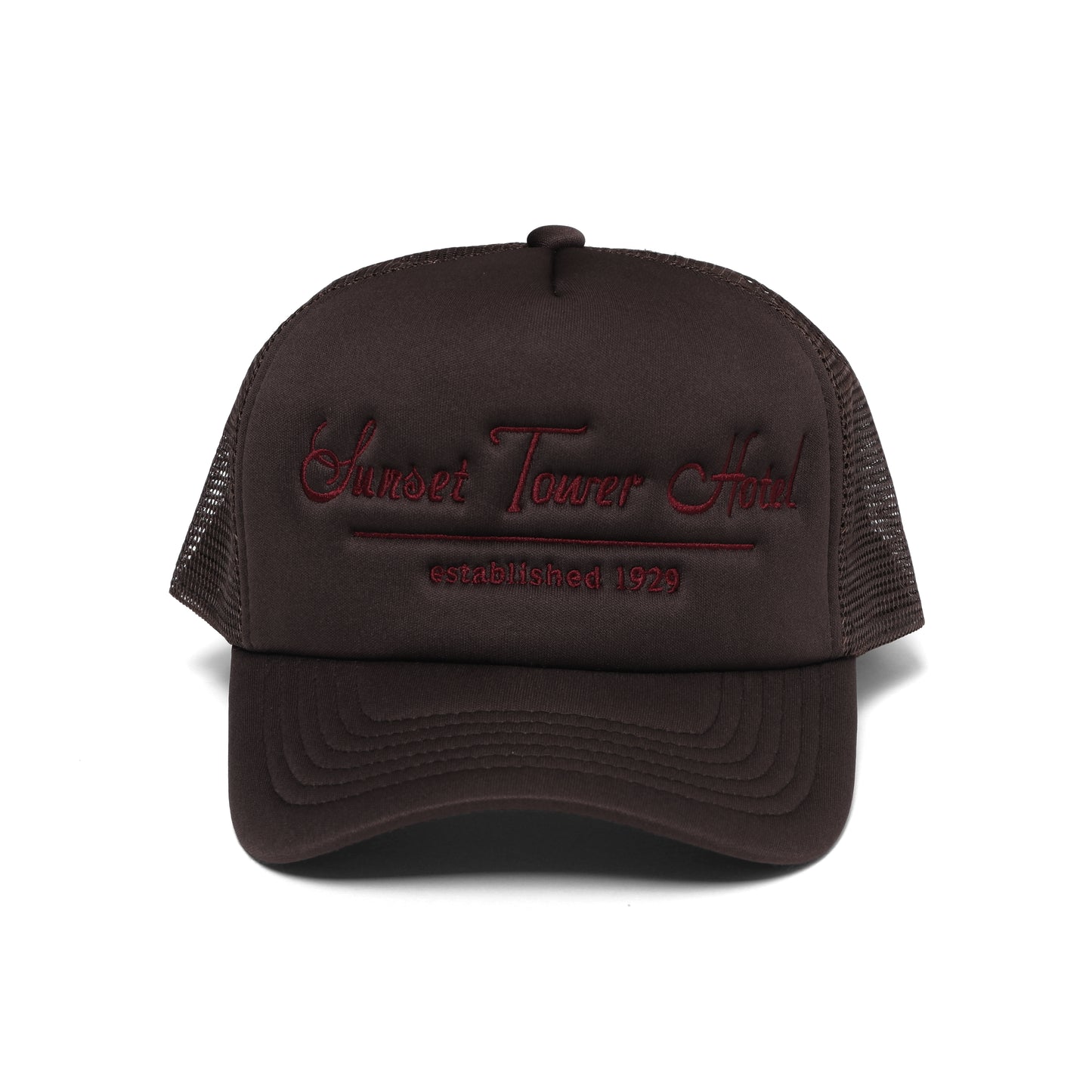 Sunset Tower Hotel Trucker Hat Brown/Crimson Stitch