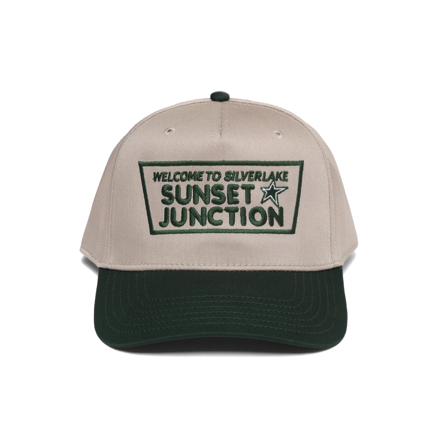Sunset Junction 5 Panel Hat Tan/Green Stitch