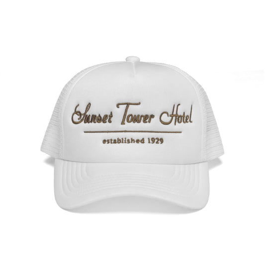 Sunset Tower Hotel Trucker Hat White/ Gold Stitch