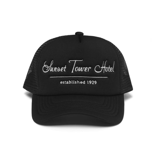 Sunset Tower Hotel Trucker Hat Black/ White Stitch