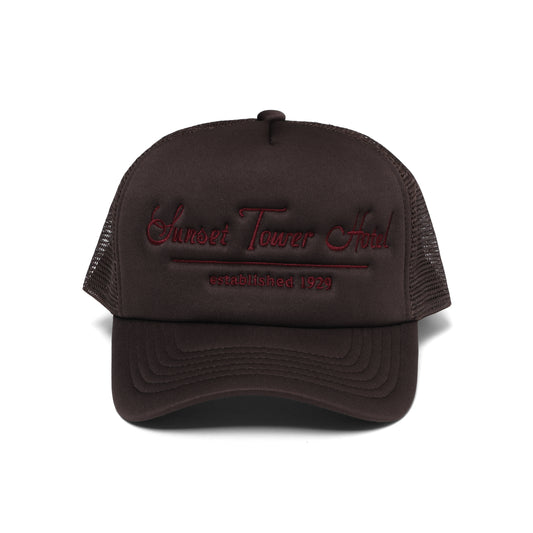 Sunset Tower Hotel Trucker Hat Brown/Crimson Stitch